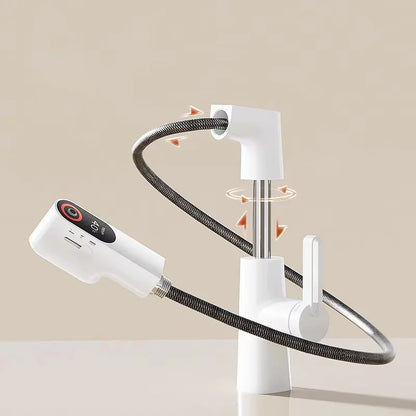 Smart Brass 360 Degree Rotating Desk Mounted Basin Tap Digital Display Pull Out Basin Faucet