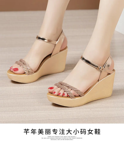 Small Size 32-43 Bling Silver Gold Wedding Shoes Women High Heels Summer 2024 Elegant Platform Sandals Wedges for Office Party