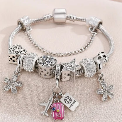 Panjia DIY Beaded Bracelet Diamond European American Cross-Border Trendy Airplane Suitcase Passport Pendant Rhinestone Popular