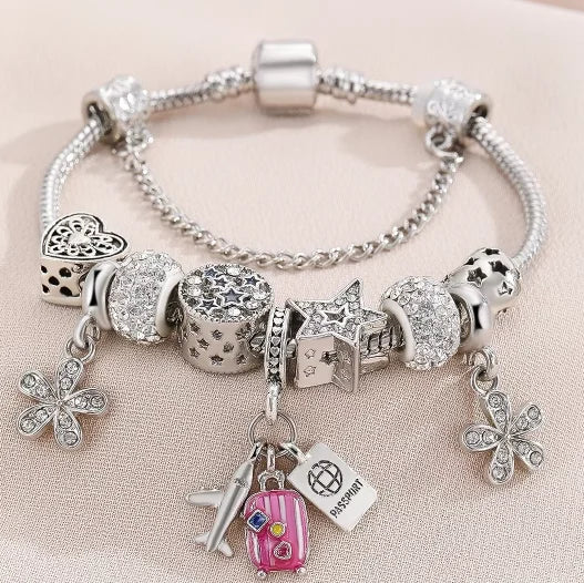 Panjia DIY Beaded Bracelet Diamond European American Cross-Border Trendy Airplane Suitcase Passport Pendant Rhinestone Popular