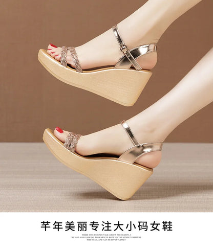 Small Size 32-43 Bling Silver Gold Wedding Shoes Women High Heels Summer 2024 Elegant Platform Sandals Wedges for Office Party
