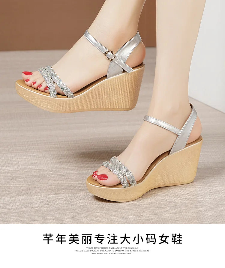 Small Size 32-43 Bling Silver Gold Wedding Shoes Women High Heels Summer 2024 Elegant Platform Sandals Wedges for Office Party