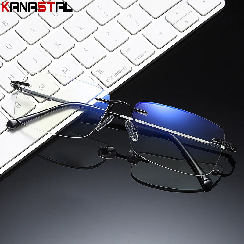 Men's Anti Blue Light Blocking Reading Glasses Cut Frameless Metal HD Lens Eyewear Women Prescription Presbyopic Glasses +400