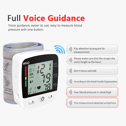 Rechargeable Digital Blood Pressure Monitor Wrist Electronic Sphygmomanometer  Tensiometer With LCD Display, 2 X 99 Memory