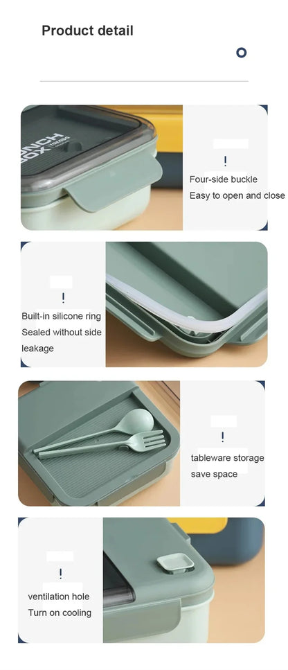 Portable Lunch Box Grid Children Student Office Bento Box with Fork Spoon Leakproof Microwavable Prevent School Food Storage Box