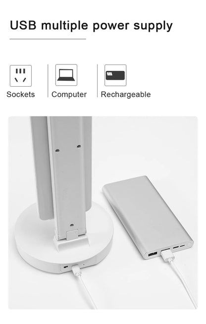 LED Table Lamp USB Chargeable Dimmable Clock Desk Lamps 2 Heads 180 Rotate Foldable Eye Protection Desktop Reading Night Lights