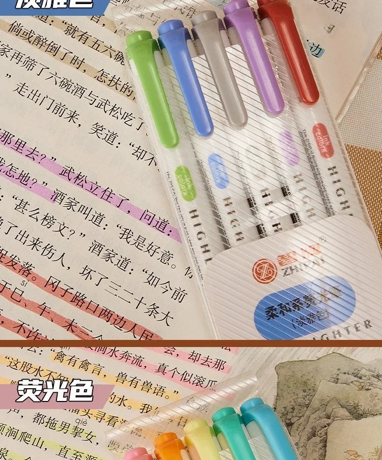 5 Colors/box Double Headed Highlighter Pen Set Fluorescent Drawing Markers Highlighters Pens Art Japanese Cute Pastel Stationery