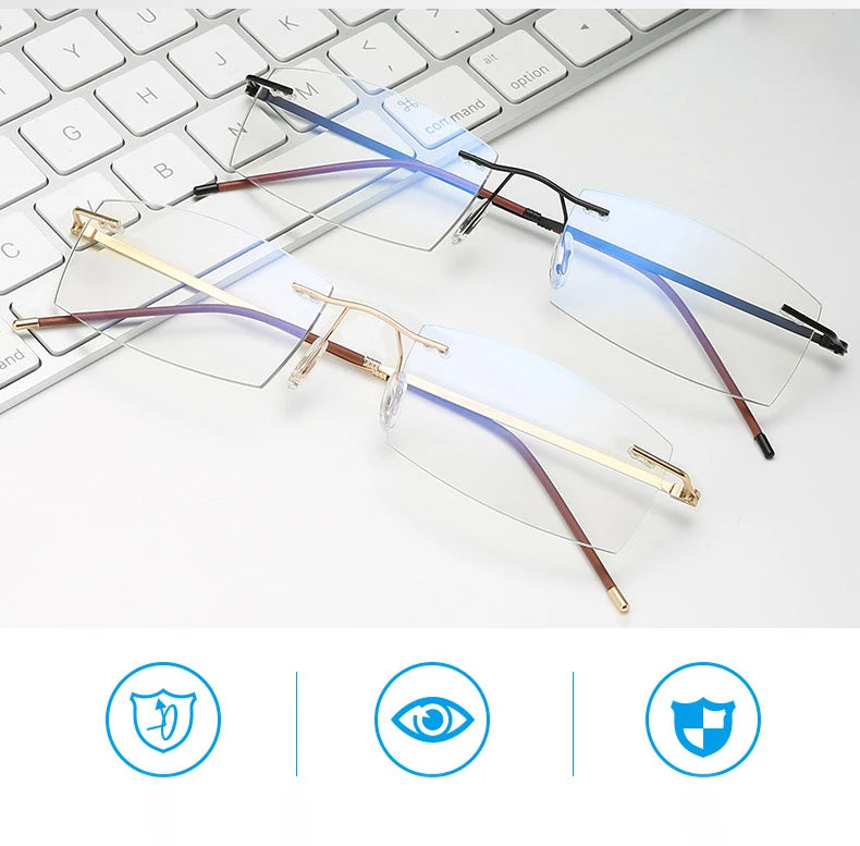 Men's Anti Blue Light Blocking Reading Glasses Cut Frameless Metal HD Lens Eyewear Women Prescription Presbyopic Glasses +400