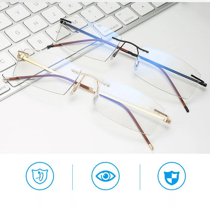 Men's Anti Blue Light Blocking Reading Glasses Cut Frameless Metal HD Lens Eyewear Women Prescription Presbyopic Glasses +400
