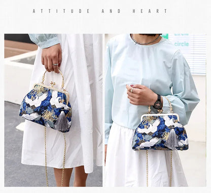 Fashion Vintage Fringe Bag Small Shell Bags Chain Women Shoulder Crossbody Bag Crane Flying Women's Handbags Purses Embroidery