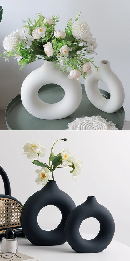 Nordic Plastic Flower Bottle Modern Style Circular Hollow Imitation Ceramic Fashion Living Room Home Office Desktop Decoration