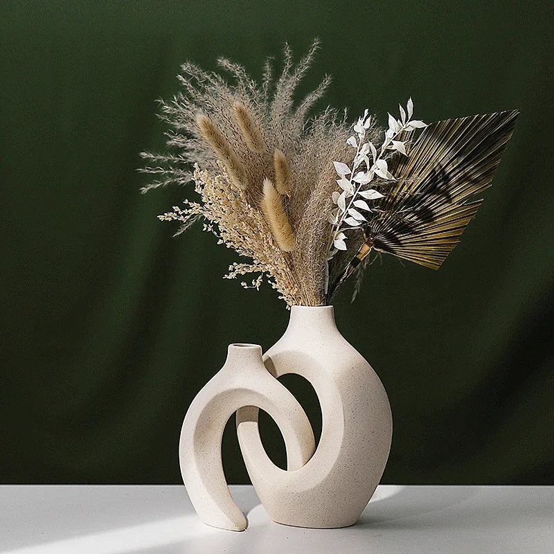 ,  Hollow Cuddled Ceramic Vase, 2 for Modern Home Decoration, Boho Donut Vase, Black and White Minimalist Decorative Flowerpot