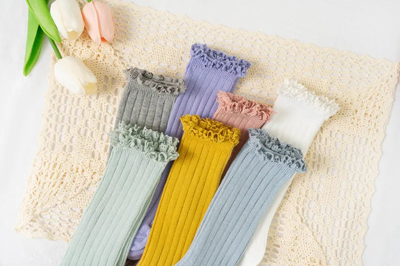 Ruffle Kids Knee High Socks Baby Girls Toddlers Long Soft Cotton Sock Lace Flower Children School Uniform Socks For 0-8 Years