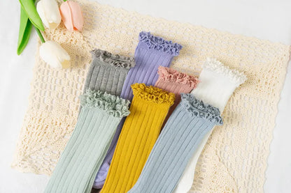 Ruffle Kids Knee High Socks Baby Girls Toddlers Long Soft Cotton Sock Lace Flower Children School Uniform Socks For 0-8 Years