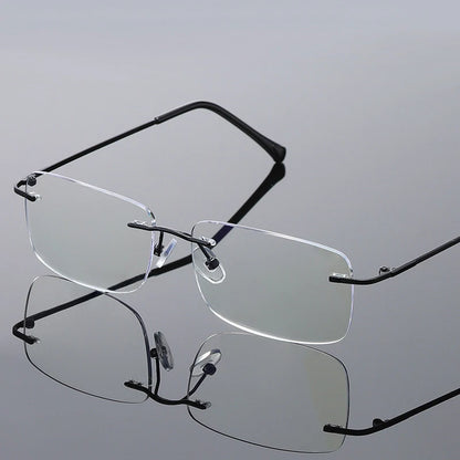 Men's Anti Blue Light Blocking Reading Glasses Cut Frameless Metal HD Lens Eyewear Women Prescription Presbyopic Glasses +400