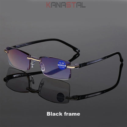 Men's Anti Blue Light Blocking Reading Glasses Cut Frameless Metal HD Lens Eyewear Women Prescription Presbyopic Glasses +400