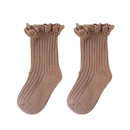 Korean Baby Children Girls Cute Striped Socks Kids School Uniform Stockings Princess Floral Ruffled Long Socks Mid-calf Socks