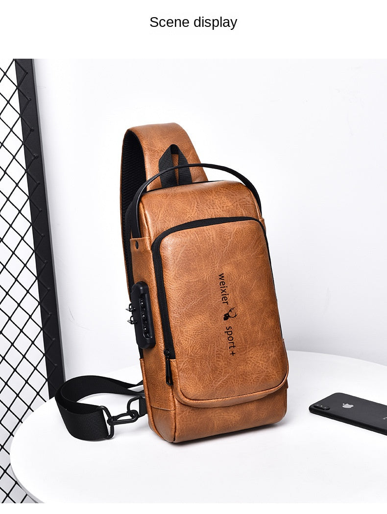 New Casual Chest Bag Travel shoulder bag Men Multifunction Anti-theft USB Charging Crossbody Bag Quality PU Leather Pack Male