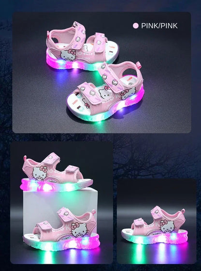2025 Summer New Baby Girls Led Light Sandals Cute Hello Kitty Children's Casual Shoes Anti-slip Kids Beach Shoes Outdoor Shoes