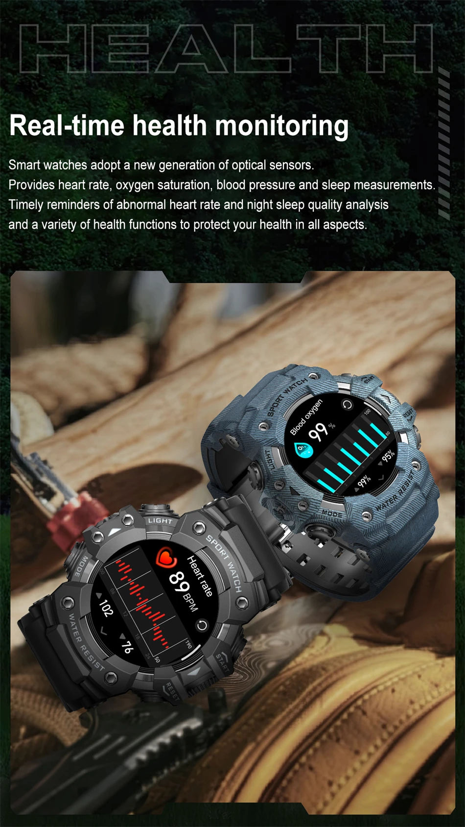 New Military Sports Smart Watch Men 100+ Sports Outdoor Fitness Compass Heart rate BT Call Waterproof Smartwatch For iOS Android