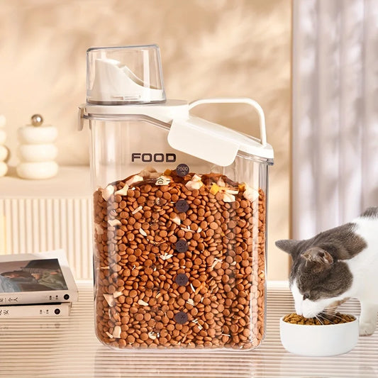 Dry food for dogs and cats is easy to feed containers, moisture-proof pet food storage buckets, measuring cups and handle design
