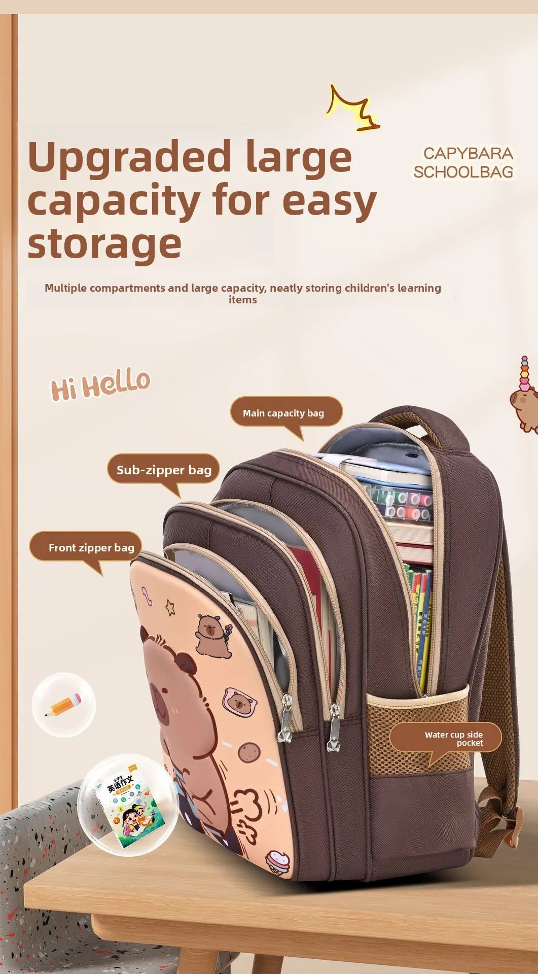 Capybara Children Backpack Waterproof Student Schoolbag Large Capacity Alleviate Burden School Bag Orthopedic Backpack Book Bag