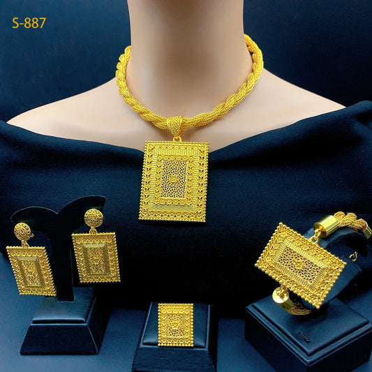 Luxury Dubai Rectangle Necklace And Earrings Jewelry Sets For Women Ethiopian Indian Bridal 24k Gold Color Set Wedding Party