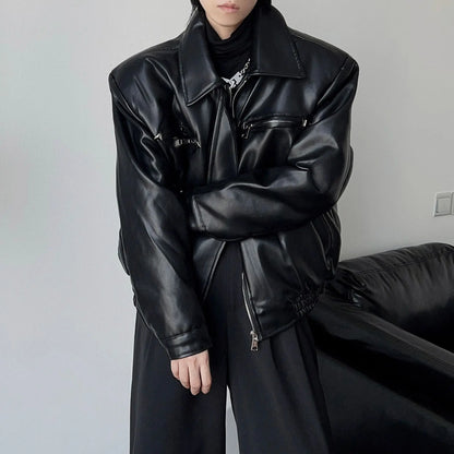 American PU Leather Coat Bomber Jacket Men Autumn Leather Jacket Men's Lapel Zipper Biker Jacket Men Clothing Coat Streetwear