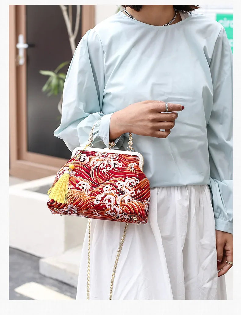 Fashion Vintage Fringe Bag Small Shell Bags Chain Women Shoulder Crossbody Bag Crane Flying Women's Handbags Purses Embroidery