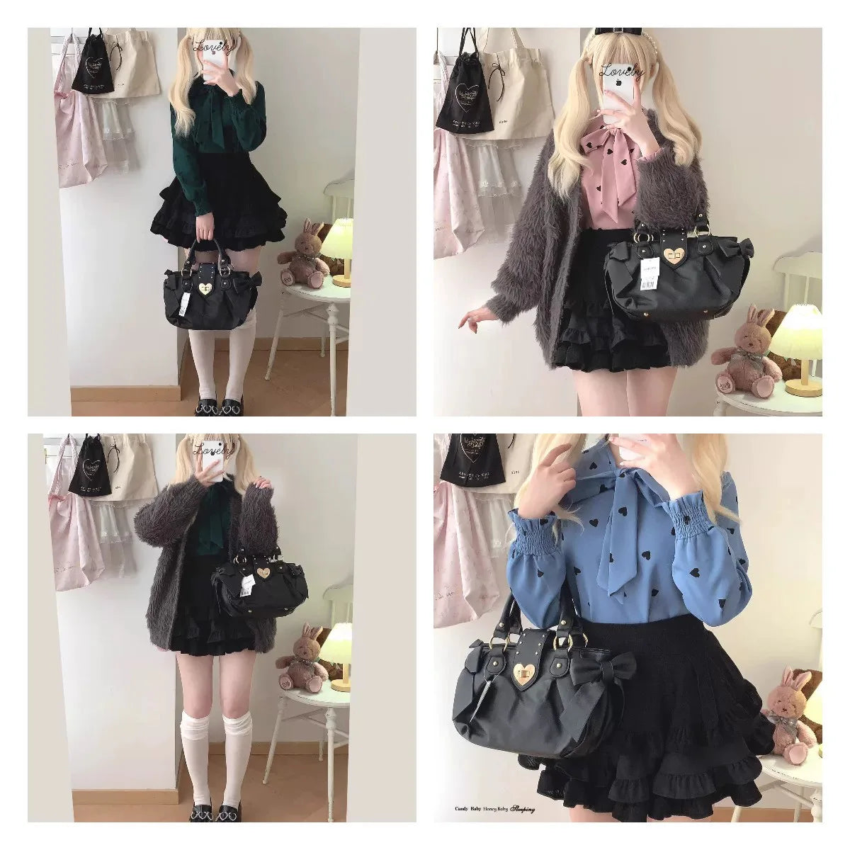 Sweet Bow Lolita Pink Hand Bag Purse Women Harajuku Love Heart Soft Crossbody Bag Lady Kawaii Large Capacity Shoulder Bag Female