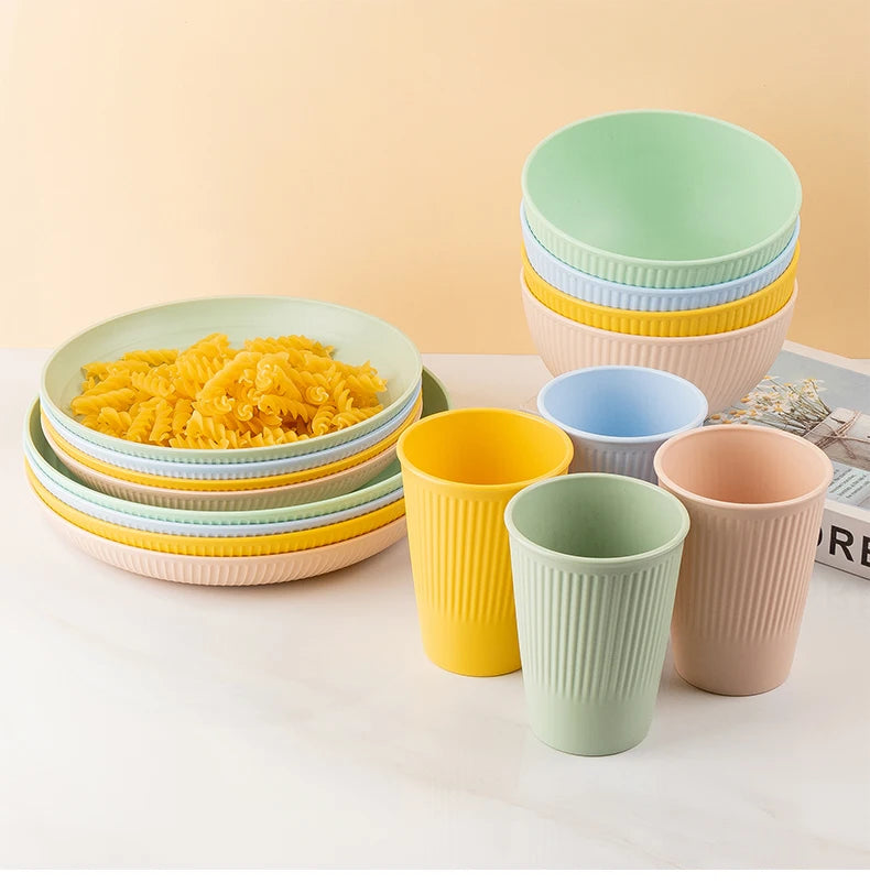 Wheat Straw Cutlery Set 4Pcs Bowl Cup Dish Set Portable Tableware Set Dinnerware Kits for Picnic Camping