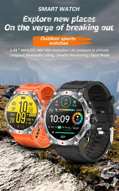 Military GPS Smart Watch Men AMOLED HD Screen Altitude Compass Heart Rate Sports Watch BT Calling IP68&10ATM Waterproof Watch