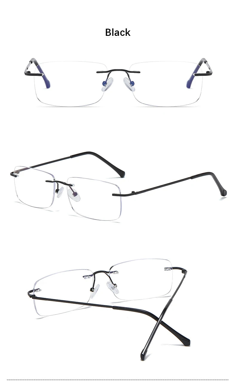Men's Anti Blue Light Blocking Reading Glasses Cut Frameless Metal HD Lens Eyewear Women Prescription Presbyopic Glasses +400