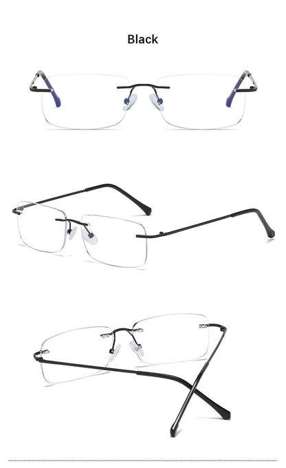 Men's Anti Blue Light Blocking Reading Glasses Cut Frameless Metal HD Lens Eyewear Women Prescription Presbyopic Glasses +400