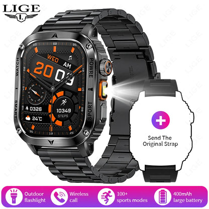 LIGE New Premium Military Smart Watch Men Flashlight Waterproof Outdoor Sport Tracker Bluetooth Call Smartwatch 400mAh Battery