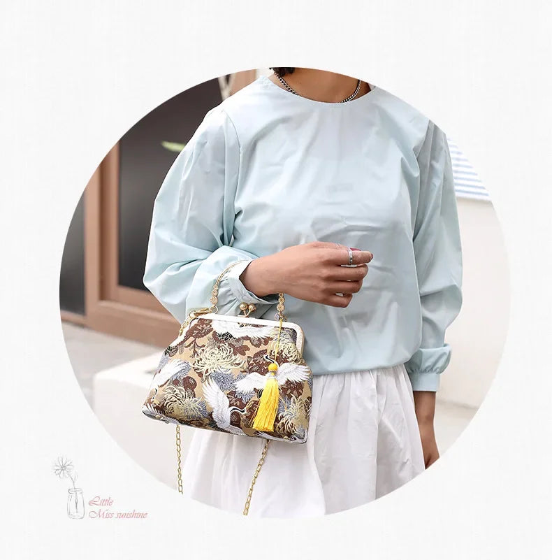 Fashion Vintage Fringe Bag Small Shell Bags Chain Women Shoulder Crossbody Bag Crane Flying Women's Handbags Purses Embroidery