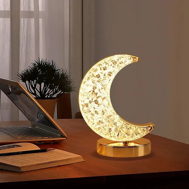Night Light Bedroom Crystal Touch Dimming Room Home Decor Aesthetics USB Bedside LED Ambient Table 3D Moon Lamp