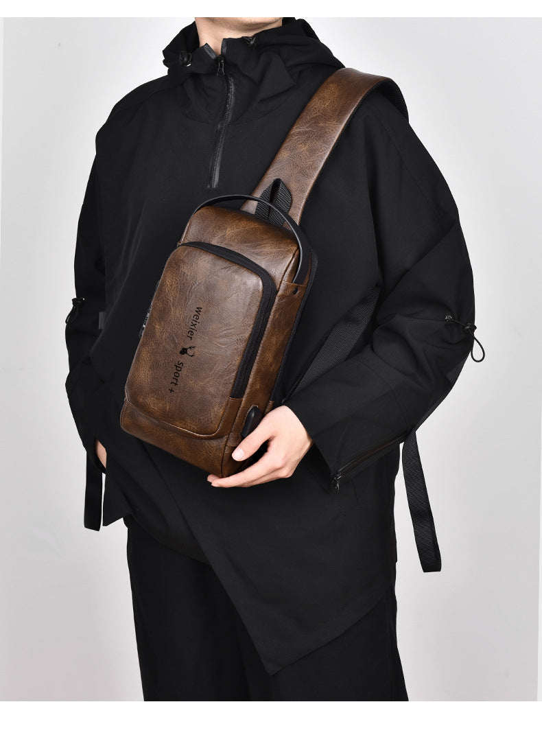 New Casual Chest Bag Travel shoulder bag Men Multifunction Anti-theft USB Charging Crossbody Bag Quality PU Leather Pack Male
