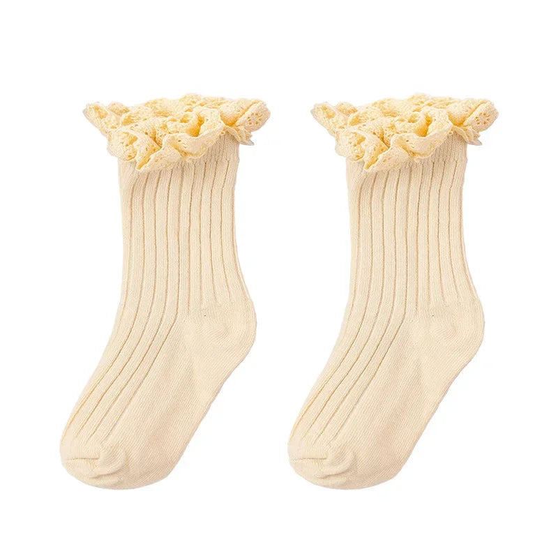 Korean Baby Children Girls Cute Striped Socks Kids School Uniform Stockings Princess Floral Ruffled Long Socks Mid-calf Socks