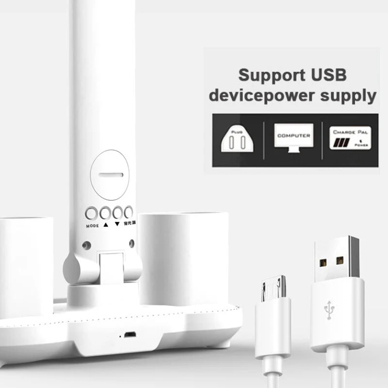 LED Table Lamp USB Chargeable Dimmable Clock Desk Lamps 2 Heads 180 Rotate Foldable Eye Protection Desktop Reading Night Lights