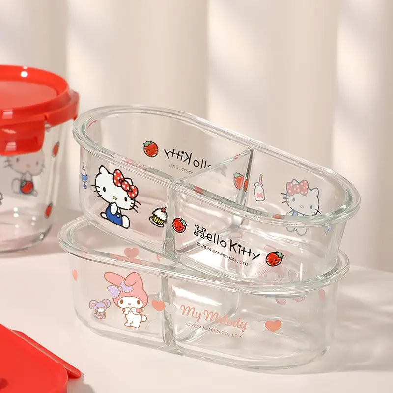 Sanrio Kawaii Hello Kitty Glass Lunch Box My Melody Kuromi Anime Cartoon Sweet Microwaveable Sealed Soup Bowls with Separate Lid