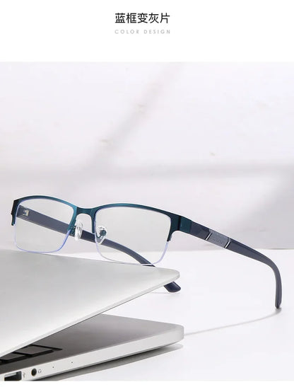 Metal Frame Far Sighted Eyeglasses with Sunshades Smart Photochromic Multifocal Reading Glasses Men Business Presbyopia Eyewear