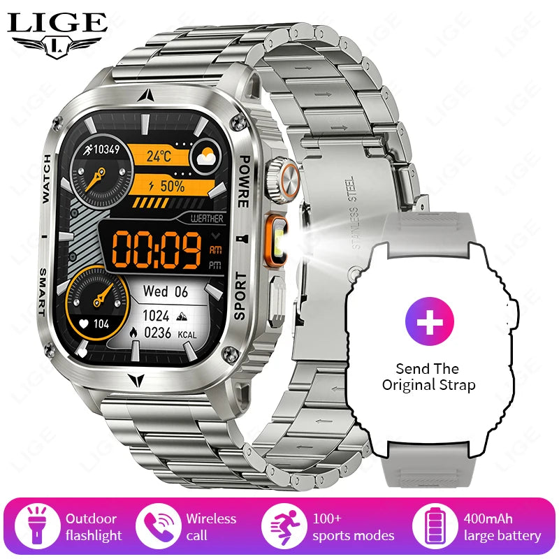 LIGE New Premium Military Smart Watch Men Flashlight Waterproof Outdoor Sport Tracker Bluetooth Call Smartwatch 400mAh Battery