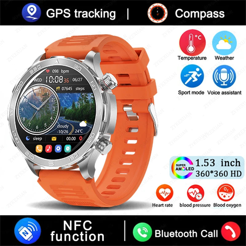 2025 New GPS Bluetooth Call Smart Watch Men AMOLED HD Screen Heart Rate NFC IP68 Waterproof Sports Smart Watch For Android iOS