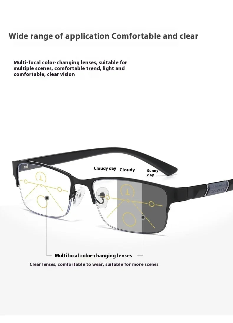Metal Frame Far Sighted Eyeglasses with Sunshades Smart Photochromic Multifocal Reading Glasses Men Business Presbyopia Eyewear