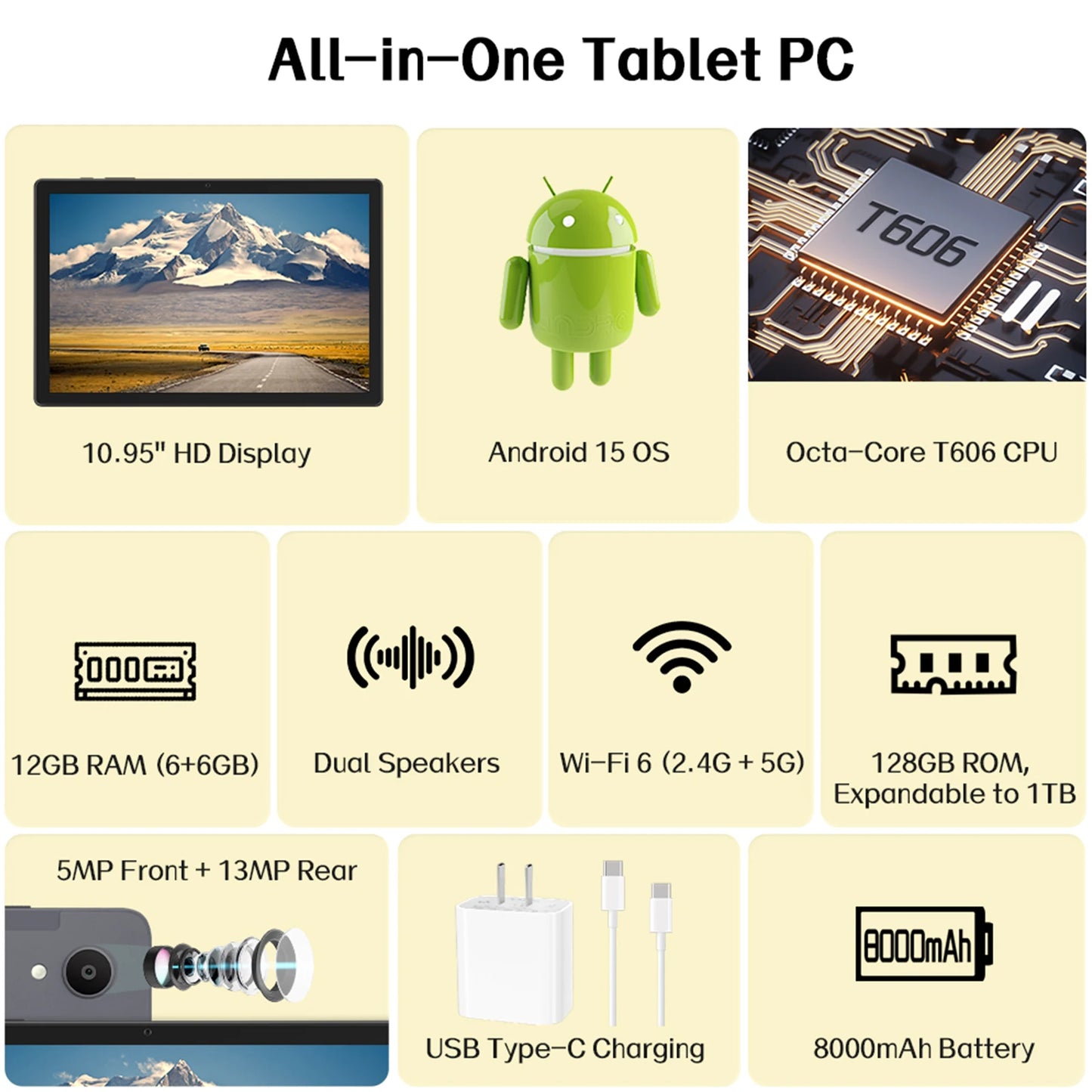 ANRY 10.95-inch HD Display Tablet Android 15 12GB RAM 128 ROM 2.4G/5G WiFi T606 Octa-Code 8000mAh Android Tablets with Case
