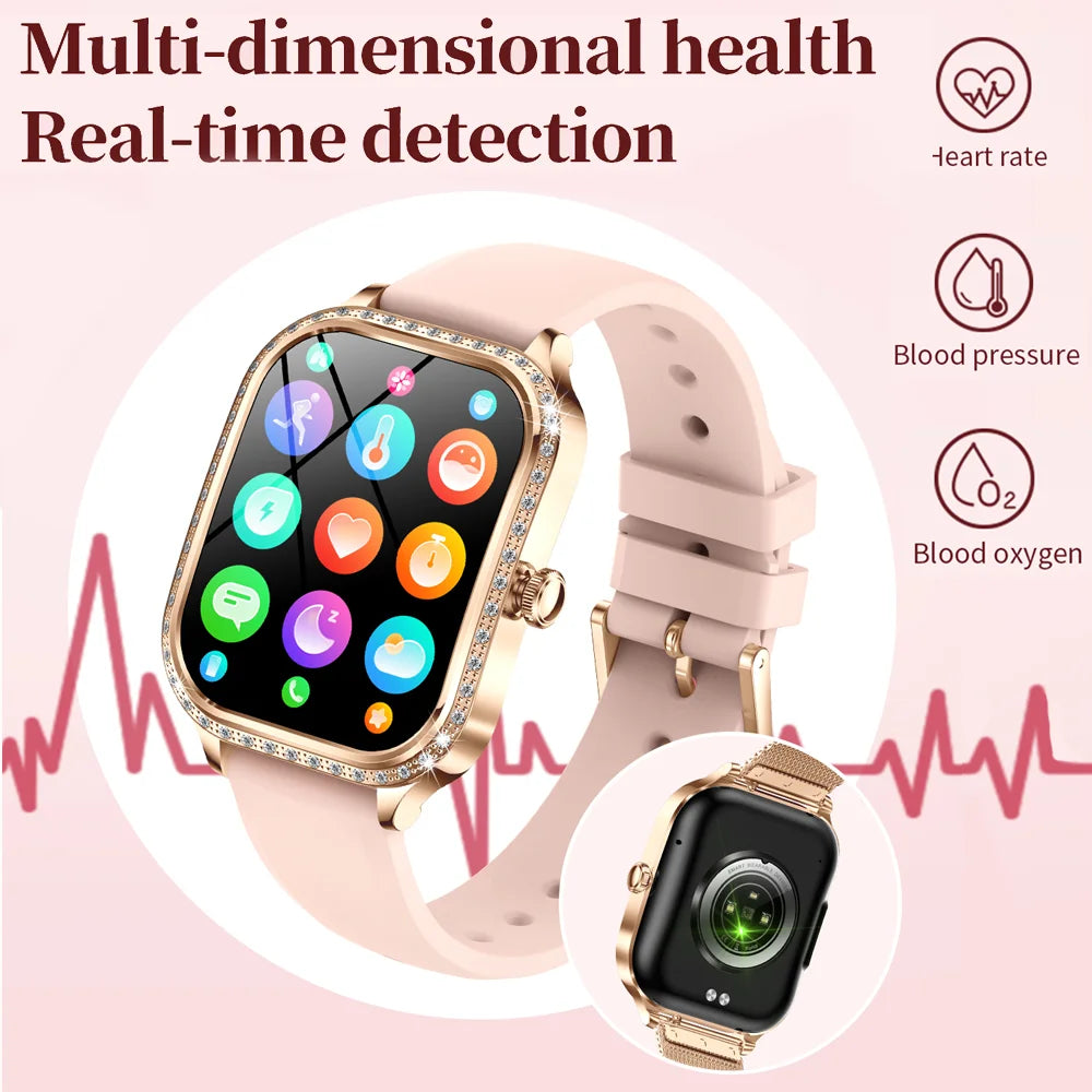New Fashion Women Smart Watch 1.75inch Curved Screen Sports Bracelet BT HD Calling Clock IP68 Waterproof Diamond Case Smartwatch