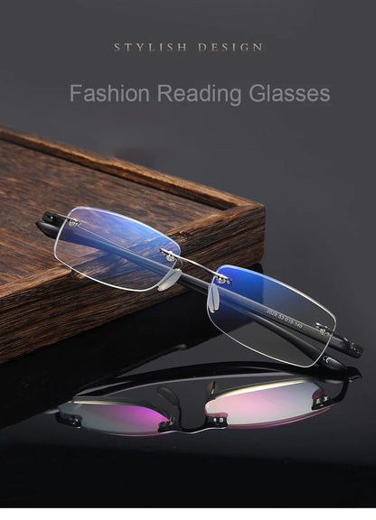 Men's Anti Blue Light Blocking Reading Glasses Cut Frameless Metal HD Lens Eyewear Women Prescription Presbyopic Glasses +400
