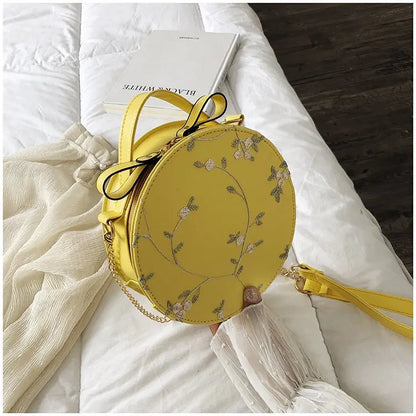 Sweet Lace Round Handbags High Quality PU Leather Women Crossbody Bags for Women 2025 Small Fresh Flower Chain Shoulder