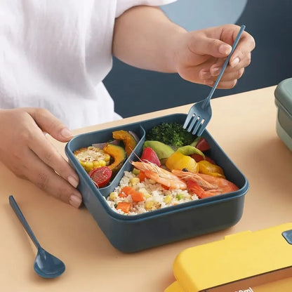 Portable Lunch Box Grid Children Student Office Bento Box with Fork Spoon Leakproof Microwavable Prevent School Food Storage Box